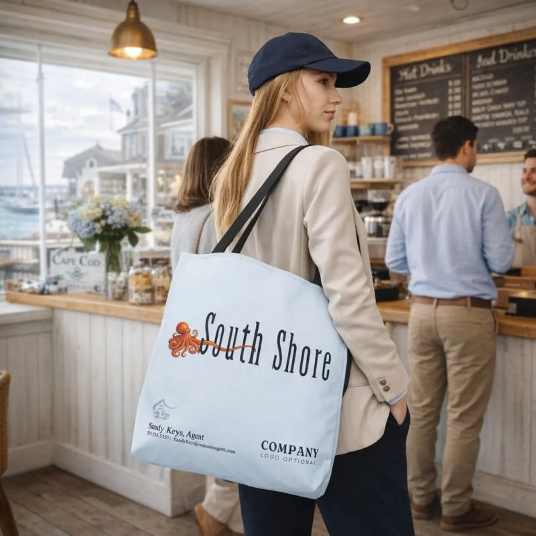 professional in line at coffee shop with light blue tote bag that says South Shore and displays her personal logo; contact information and company logo